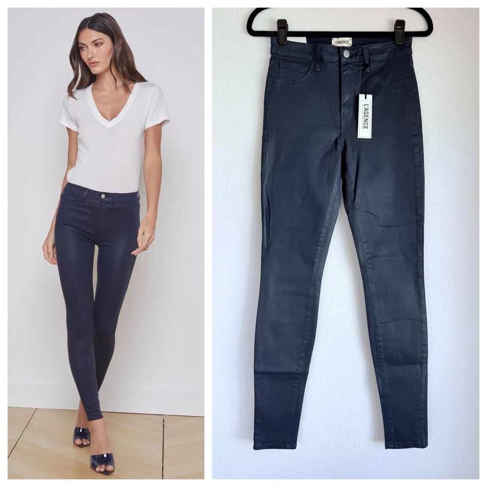 NWT L'Agence Marguerite High Rise Skinny 30" Coated Jeans in Navy Size 27